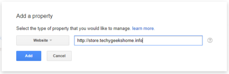 Screenshot of a web interface for adding a property to search engines, featuring a dialog box with options "website" and a text field filled with "http://store.techygeekshome.info",