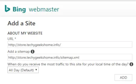 Screenshot of the Bing webmaster "Submit Your Website" page, showing fields for URL and sitemap entry, with a dropdown menu for peak traffic time selection.