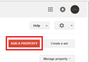 Screenshot of an interface with a button labeled "Submit Your Website" highlighted in red, adjacent options like "create a set" and "manage property", and a settings icon at the top right.