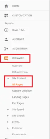 A screenshot of a website analytics tool sidebar menu with sections on audience behavior highlighted, specifically focusing on "behavior" and "AMP reports" expanded with sub-options.