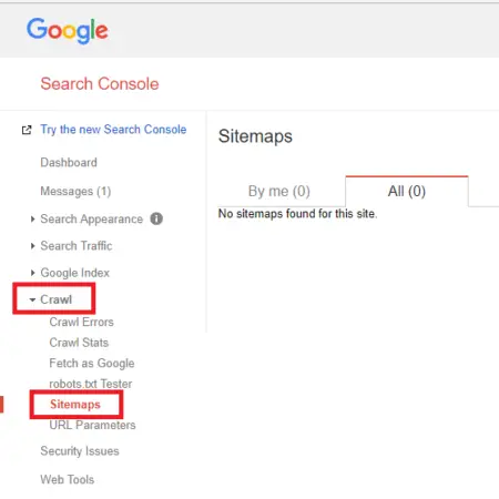 Screenshot of search engine's Google Search Console displaying no sitemaps found for a site, with navigation options like dashboard, search traffic, and crawl visible on the left side.