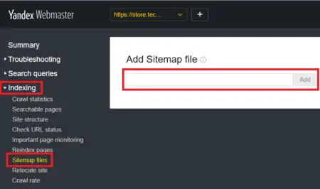 Screenshot of the Yandex Webmaster interface showing the sidebar menu with the 'Indexing' section expanded and the 'Sitemap Files' option selected, designed to submit your website for search engines efficiently,