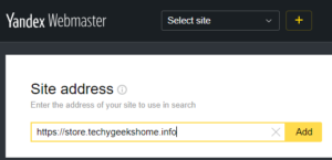 Screenshot of the Yandex webmaster interface for search engines showing a field to submit your website address, with the URL "https://store.techygeekshome.info" entered, and an