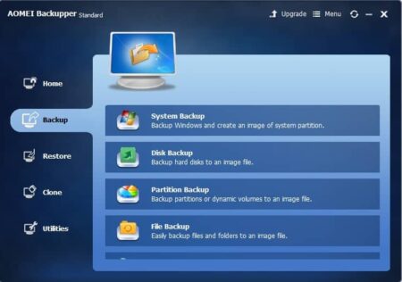 Screenshot of free backup software AOMEI Backupper Standard interface showing options for system backup, disk backup, partition backup, and file backup with a blue and white color scheme.