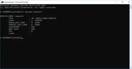 A screenshot of an administrator command prompt window on a Windows system showing the query result for a stuck Windows service using the "sc query" command. The service is stopped with detailed status codes.