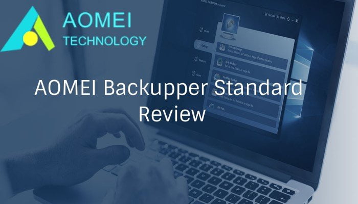 A promotional image featuring the interface of Aomei Backupper Standard free backup software on a laptop screen with "Aomei Technology" and "Aomei Backupper Standard Review" text overlays.