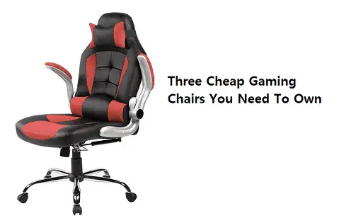 An ergonomic gaming chair with black and red upholstery, featuring adjustable armrests and swivel base, displayed alongside text "three cheap gaming chairs you need to own.