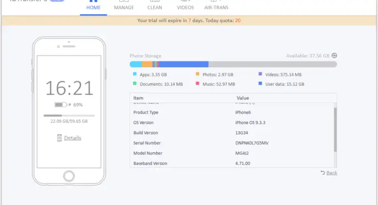 Screenshot of iPhone Manager software displaying an interface with details of an iPhone's storage capacity, including separate data for apps, photos, and other files, on a white background.