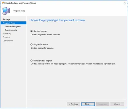 A screenshot of the “create package and program wizard” in a Windows software interface, showing options to choose a standard program or create a program for a device.