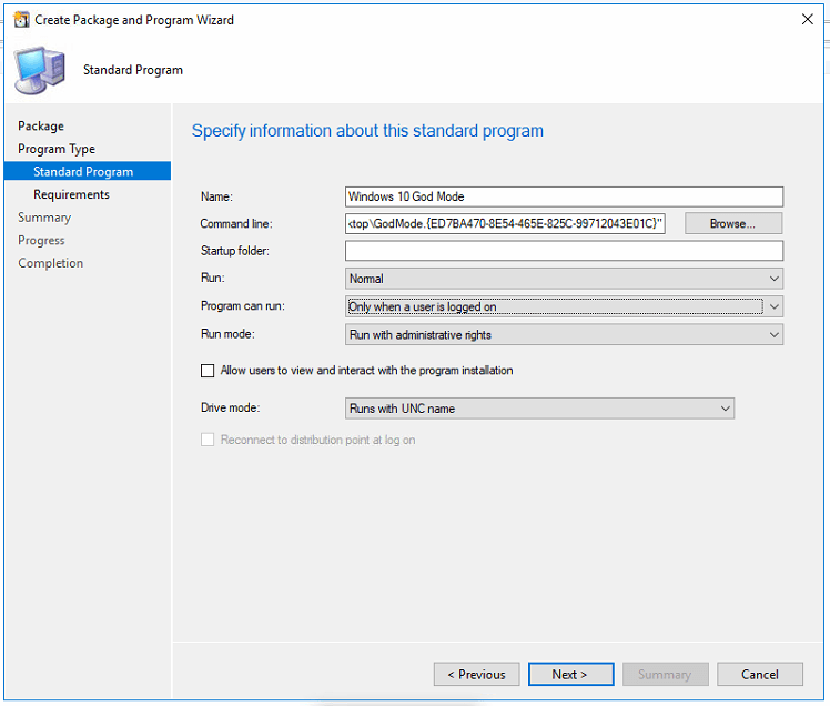 Screenshot of "create package and program wizard" window with fields for name, command line, and program options, focused on setting up a standard program in Windows God Mode.