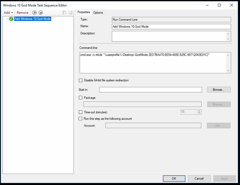 A screenshot of the Windows 10 God Mode task sequence editor showing the general tab with options to configure properties such as name, description, command line, start in path, package, and account settings.