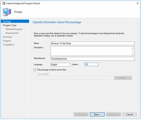 Screenshot of a software installation wizard where a user is creating a new package named "Windows 10 God mode." The fields for name, description, and manufacturer are filled out, with options to include source