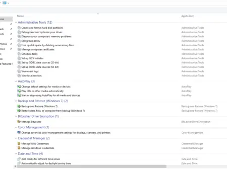 A screenshot of a computer in Windows 10 God Mode.