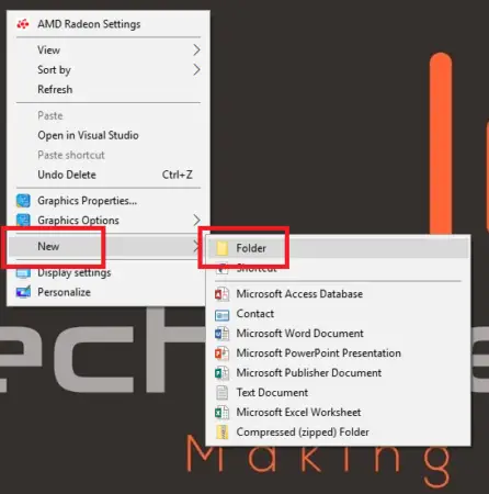 Screenshot of a Windows 10 computer screen showing a context menu with various options. The cursor is selecting "new," which expands to reveal file options including "folder," highlighted in red.
