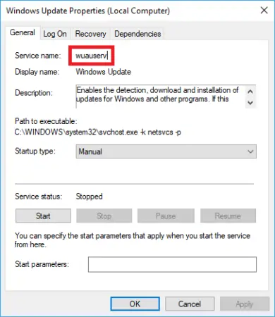 Screenshot of the Windows service properties dialog box on a computer, showing options like general, log on, recovery, and dependencies, with fields for service name, display name, path to executable, startup type