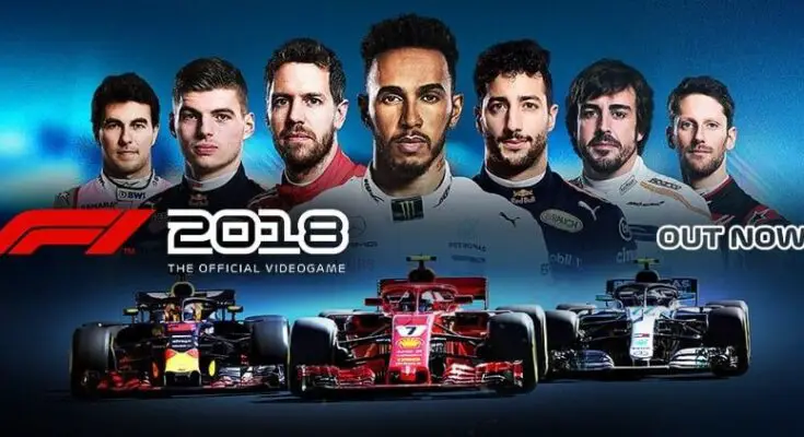 Promotional image for the F1 2018 Headline Edition videogame featuring seven Formula 1 drivers in racing suits above their respective team cars, set against a dark blue background with the game's