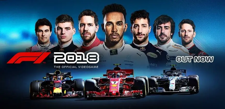 Promotional image for the F1 2018 Headline Edition videogame featuring seven Formula 1 drivers in racing suits above their respective team cars, set against a dark blue background with the game's