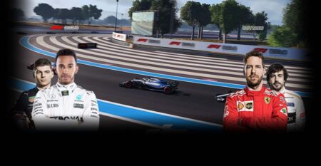 Promotional image for the F1 2018 Headline Edition racing game featuring digital avatars of three famous drivers on the left, and an F1 car speeding on a track with grandstands in