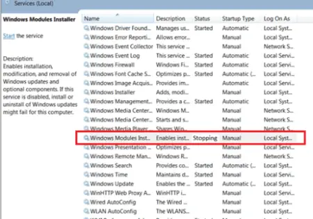 A screenshot showing the Windows services management console with various services listed. The "Windows Modules Installer" service is highlighted, indicating it is stuck, showing its status as "stopping".