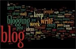 A word cloud in various shades of red, orange, and yellow centered around the word "blog," surrounded by related terms such as "post," "ideas," "writing," "content," and