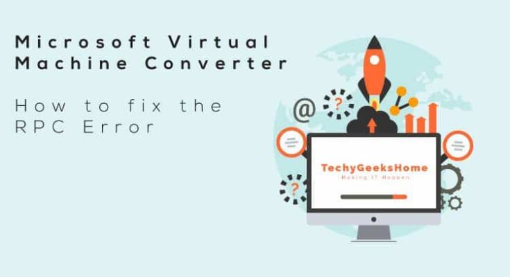 Graphic depicting "Microsoft Virtual Machine Converter: How to Fix the RPC Error" with a computer on the right, a rocket above city buildings on the left, and the techygeekshome logo