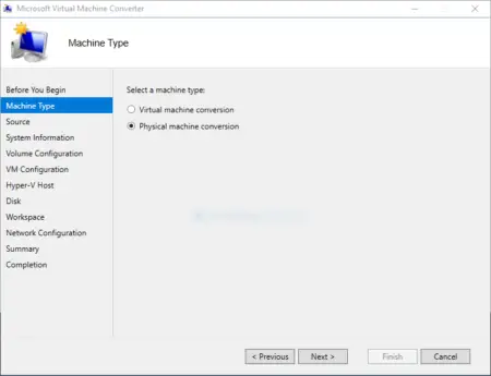 Microsoft Virtual Machine Converter Wizard Selection Page