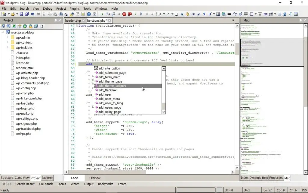 A screenshot of the CodeLobster integrated development environment (IDE) displaying code in various files, with an open dropdown menu for adding new items to a project.