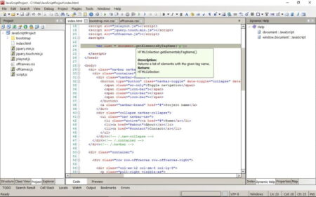 Screenshot of the CodeLobster integrated development environment (IDE) with HTML and JavaScript code displayed, showing elements like dropdown menus and tabs, with file explorer on the left.