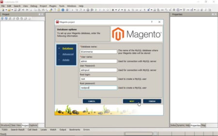 Screenshot of a CodeLobster Magento installation setup window on a computer, showing fields for database information such as database name, user name, and root password, with "next" and "cancel