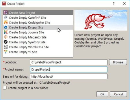 A screenshot of the CodeLobster software interface showing options to create new web projects. Available options include PHP, Joomla, Drupal, and more. A cursor points to "create empty Drupal site,