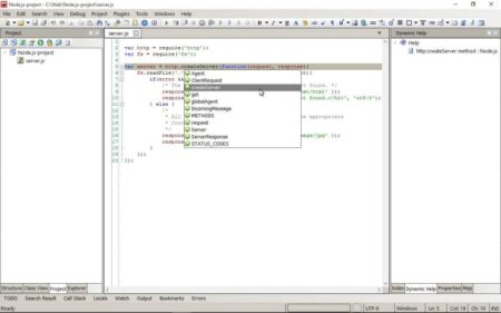 Screenshot of a node.js project in CodeLobster with code focused on creating a server using the http module, displaying features like intellisense and a help pane on the right side.