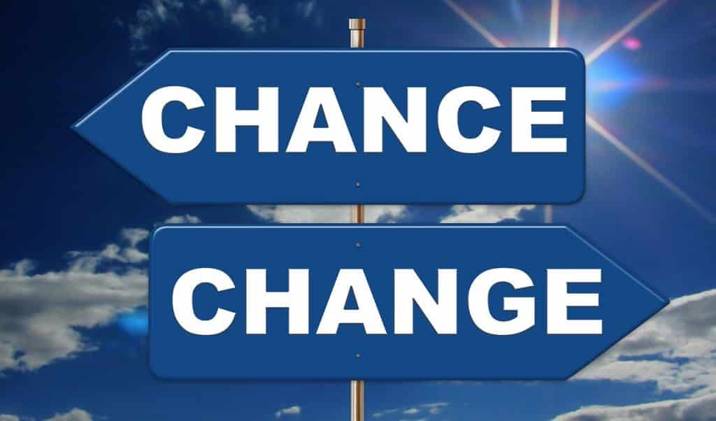 Two blue road signs against a bright blue sky with clouds. The top sign reads "chance" and the bottom sign, marked as a requirement management tool, reads "change," both pointing in different
