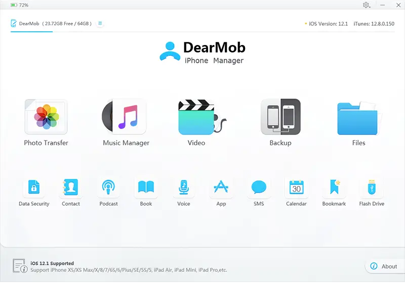 Screenshot of the dearmob iphone manager interface on a computer screen, displaying various management options like how to transfer photos from iPhone to iPhone, music manager, video, backup, and files.