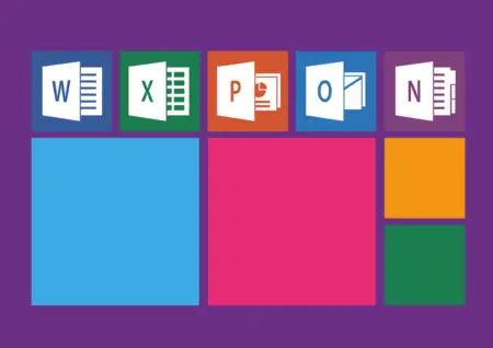 Colorful graphic with icons of Microsoft Office applications including Word, Excel, PowerPoint, and OneNote on a grid of vibrant purple, blue, red, and orange squares, symbolizing a Requirement Management Tool