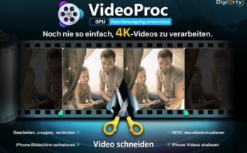 An advertisement for videoproc software showing its video editing capabilities, with icons for gpu acceleration and features like cropping and recording. the background displays a montage of a family video being edited. text is in german.