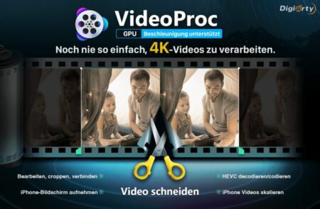 An advertisement for videoproc software showing its video editing capabilities, with icons for gpu acceleration and features like cropping and recording. the background displays a montage of a family video being edited. text is in german.