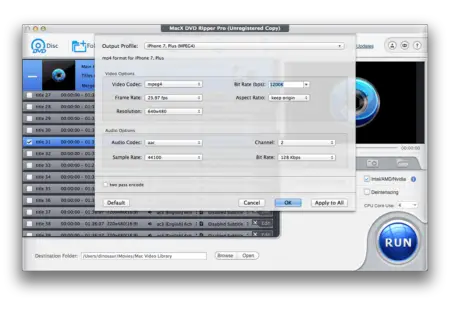 Screenshot of the MacX DVD Ripper Pro software interface on a computer, showing various video and audio settings options, a file list, and 'run' button highlighted.