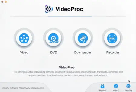 Screenshot of the VideoProc software homepage, showing icons for video processing, DVD, downloader, and recorder features, along with menu options for register, about, and setting.