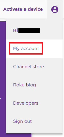 Roku TV My Account drop down menu