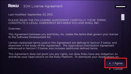 Roku TV Agreement Screen