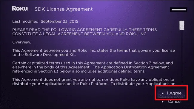 Roku Developer Mode Agreement Screen