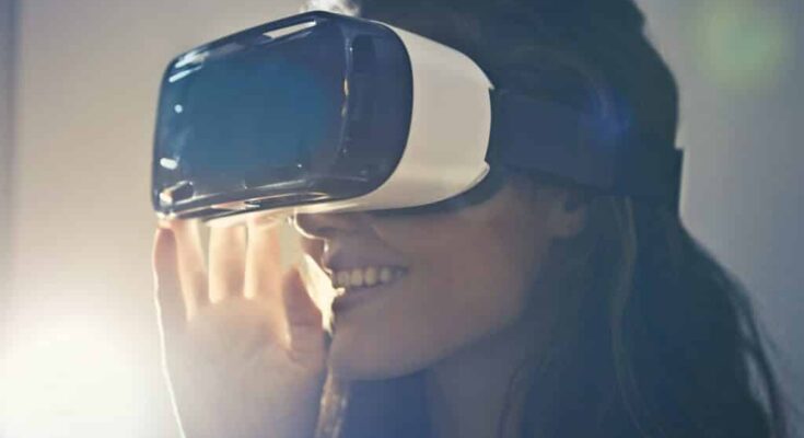 girl using virtual reality technology headset