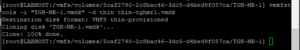 A terminal screen displaying a completed VMWare Disk conversion from Thick to Thin Provisioned, with a command prompt awaiting further input, showing the path and command details.