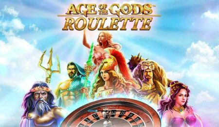 Promotional image for "Age of Gods Roulette," a classic casino game, featuring artistic representations of mythological gods around a roulette wheel, set against a celestial background.