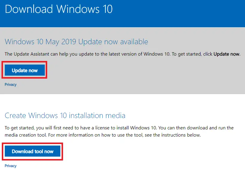 Microsoft Windows 10 Methods for upgrade to Windows 1903