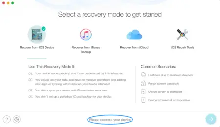 PhoneRescue Review of a software interface offering recovery options for iOS devices, including recovery from the device, iTunes backup, iCloud, and using iOS repair tools, with a prompt to connect an