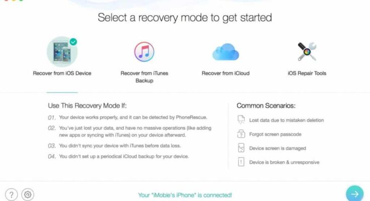 A PhoneRescue review of a software recovery screen with options to recover from iOS device, iTunes backup, or iCloud, and a section detailing recovery modes and common scenarios. A notification at the bottom says