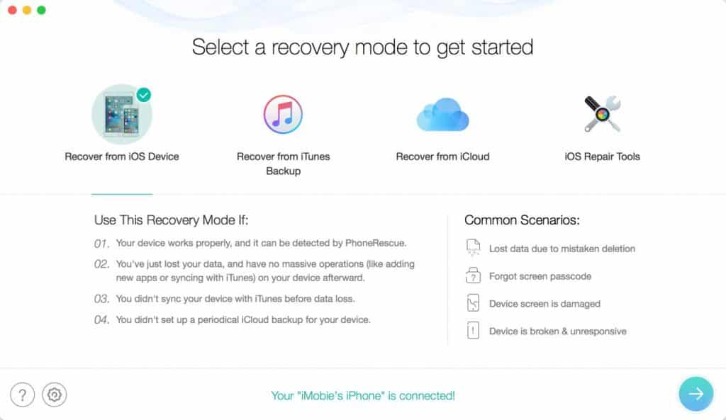 A PhoneRescue review of a software recovery screen with options to recover from iOS device, iTunes backup, or iCloud, and a section detailing recovery modes and common scenarios. A notification at the bottom says