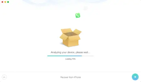An illustration depicting an open cardboard box with a check mark above it. The screen text reads "analyzing your device, please wait..." with a loading bar at 75%. The background is pale blue