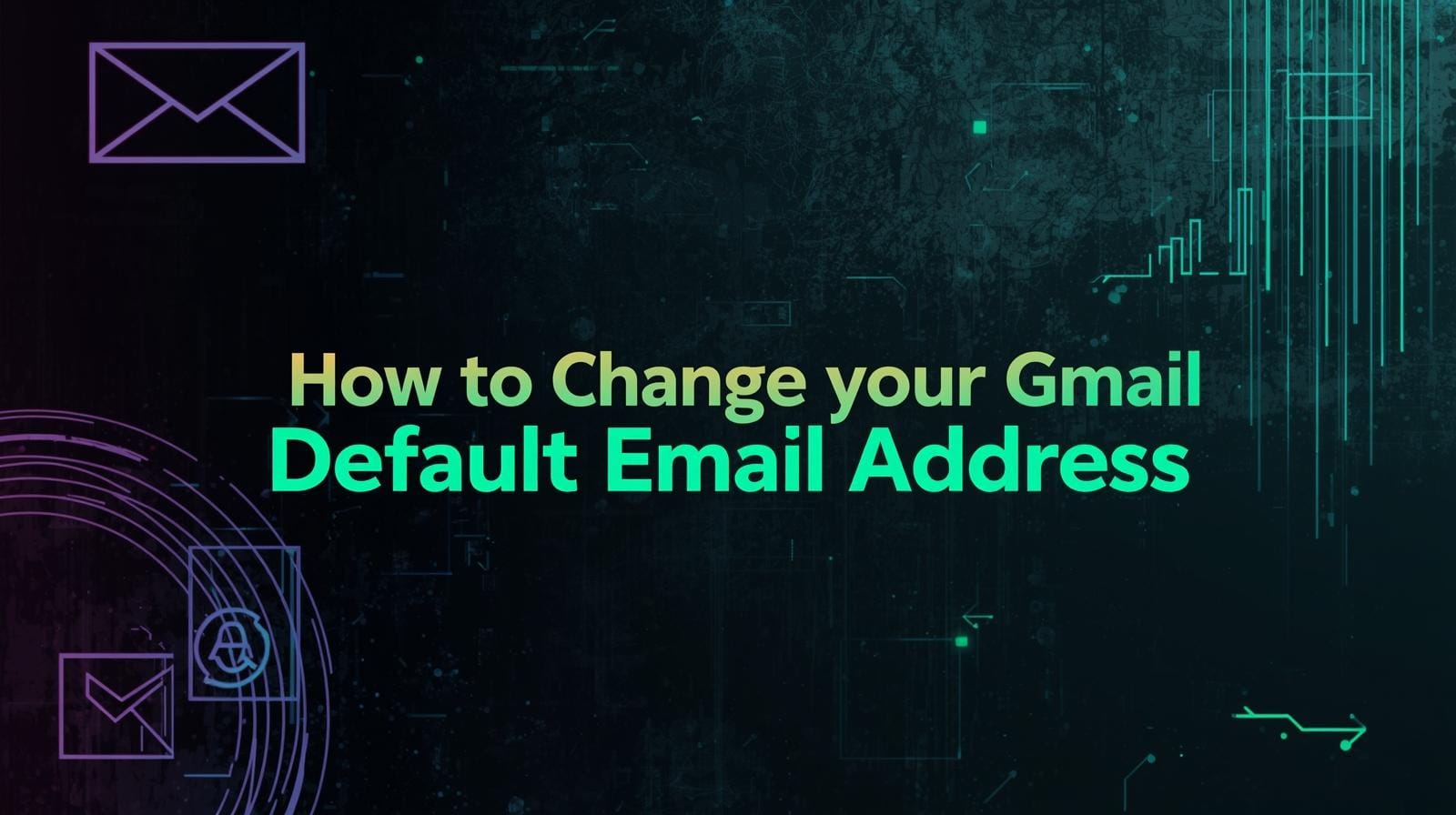Create a bold high‑impact 16 9 featured image with a dark account‑settings and email‑management theme. Use a deep black or charcoal background with accent colours like neon cyan magenta